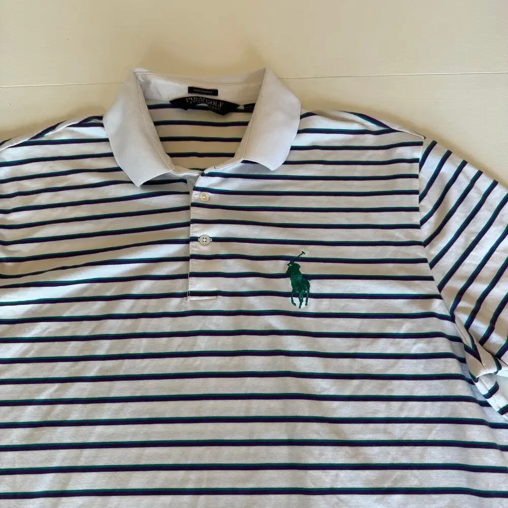 Polo Golf Ralph Lauren Performance White Purple Green Stripe Polo XL Big Pony
